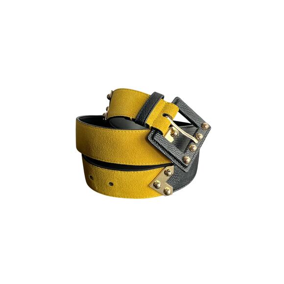 CAbi Genuine‎ Leather Belt Womens M Mustard Yellow Black Ornamental Embossed main image 5